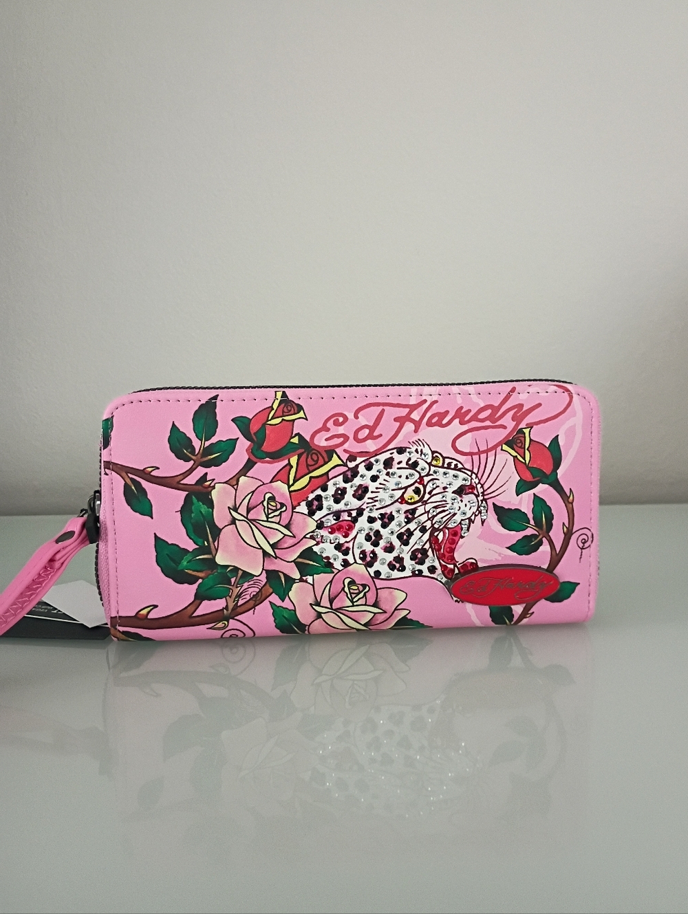 New Ed Hardy Pink Leopard Zip Wallet